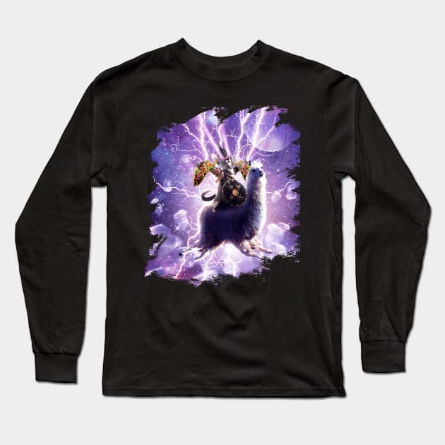 Lazer Warrior Space Cat Riding Llama With Taco Long Sleeve T-Shirt by Random Galaxy